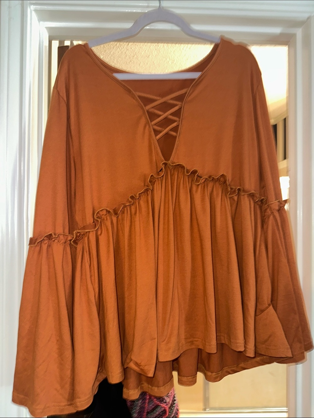 SHEIN Rust Lace-Up Ruffle Tiered Long Sleeve Tunic two x poly spandex 2x new - Picture 7 of 7